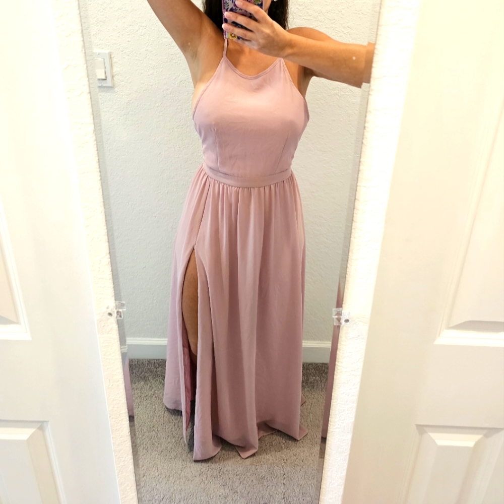 SHEIN Belle Backless Halter Neck Slit Thigh Prom Dress